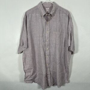 Brooks Brothers Short Sleeve Button Down 100% Linen Shirt XL Pink Orange Plaid